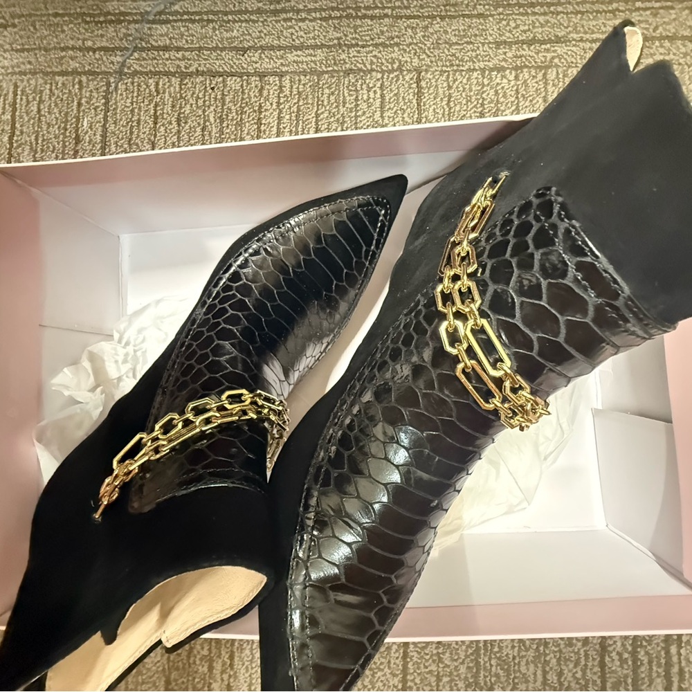 Louise et Cie Black Suede Pointed Toe Ankle Boots with Gold Chain - Picture 5 of 8